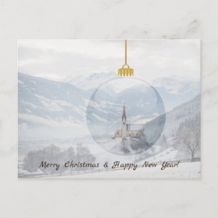 Cartão Postal De Festividades Igreja no inverno: cartão de natal de bola de vidr