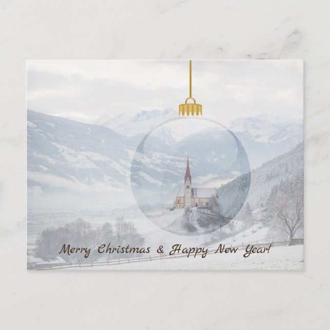 Cartão Postal De Festividades Igreja no inverno: cartão de natal de bola de vidr (Frente)