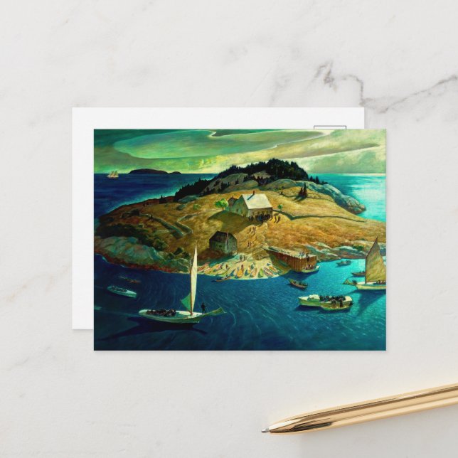 Cartão Postal De Festividades Ilha Funeral por Newell Convers Wyeth (Frente/Verso In Situ)