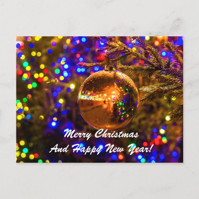 Cartão Postal De Festividades Iluminação Amarela da Bola de Natal (Frente)