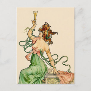 Cartão Postal De Festividades Ilustração Art Nouveau Vintage da Senhora do Champ