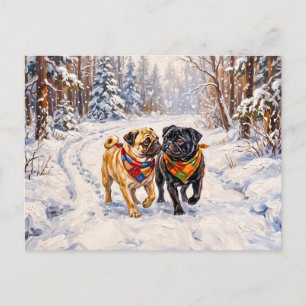 Cartão Postal De Festividades Ilustração Caprichosa de Cachorros Mops na Florest