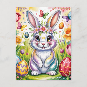 Cartão Postal De Festividades Ilustração Colorida do Coelho de Páscoa com Coroa