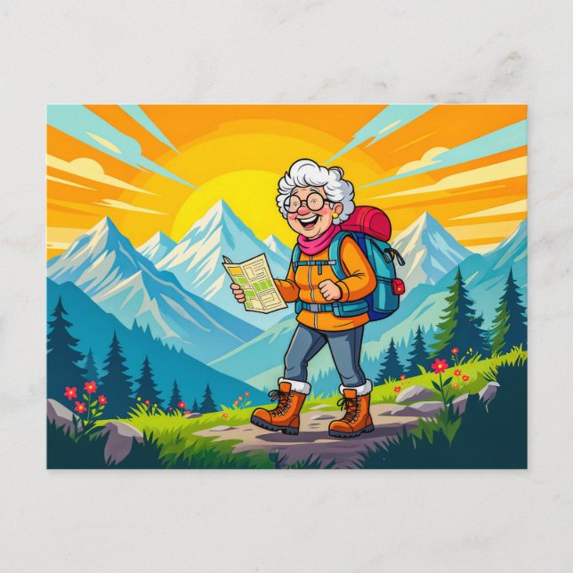 Cartão Postal De Festividades Ilustração da Avó de Hiking (Frente)