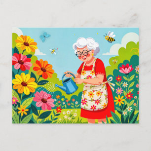 Cartão Postal De Festividades Ilustração da Avó Regando o Jardim