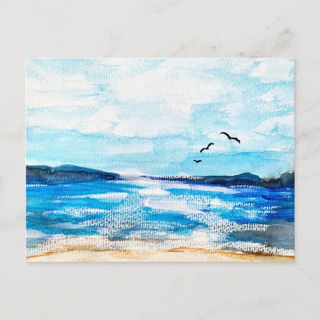 Cartão Postal De Festividades Ilustração de Aquarela do Horizonte Costeiro (Frente)