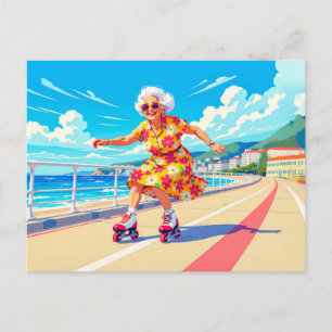 Cartão Postal De Festividades Ilustração de Avó Patinando no Rolo