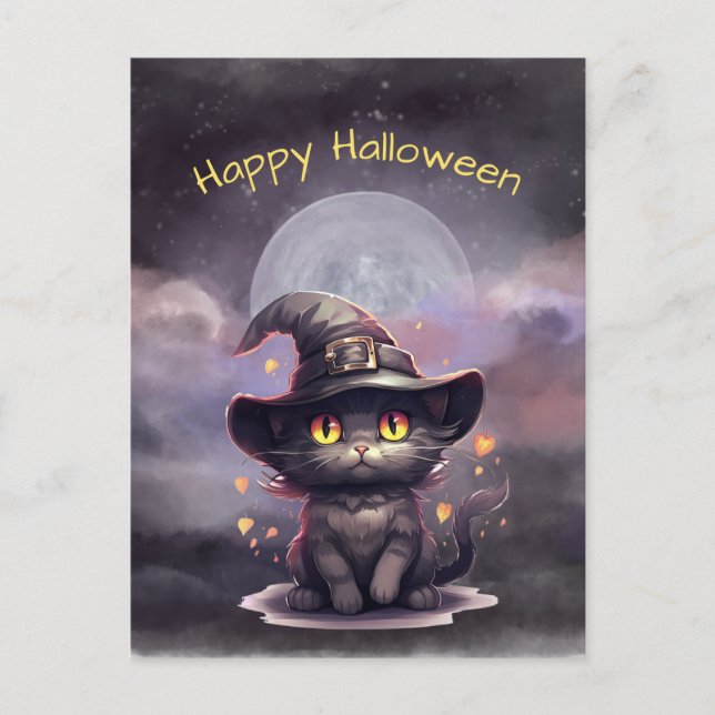 Cartão Postal De Festividades Ilustração de Chapéu de Bruxa Negra do Halloween (Frente)