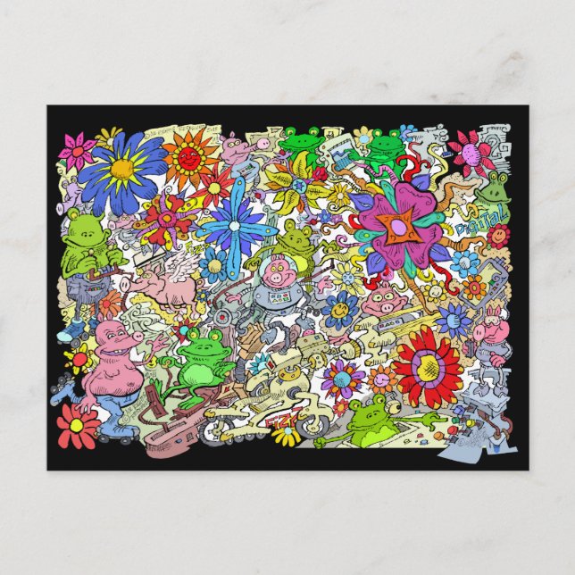 Cartão Postal De Festividades Ilustração de desenho animado, de porcos, flores e (Frente)