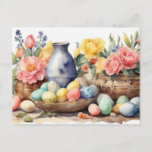Cartão Postal De Festividades Ilustração de Páscoa em Aquarela com Flores, Ovos