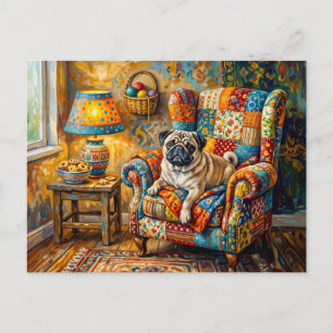 Cartão Postal De Festividades Ilustração de Poltrona de Cachorro de Mops de Casa