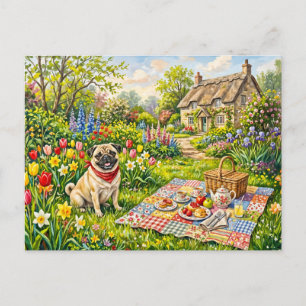 Cartão Postal De Festividades Ilustração de Pug de Piquenique no Jardim da Casa 