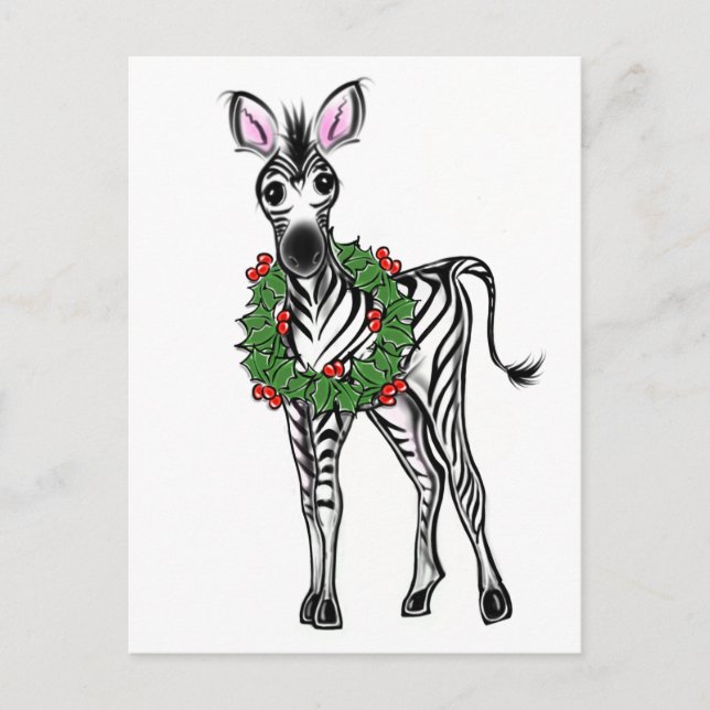 Cartão Postal De Festividades Ilustração de Zebra Festiva Foliday, Holly Wreath (Frente)