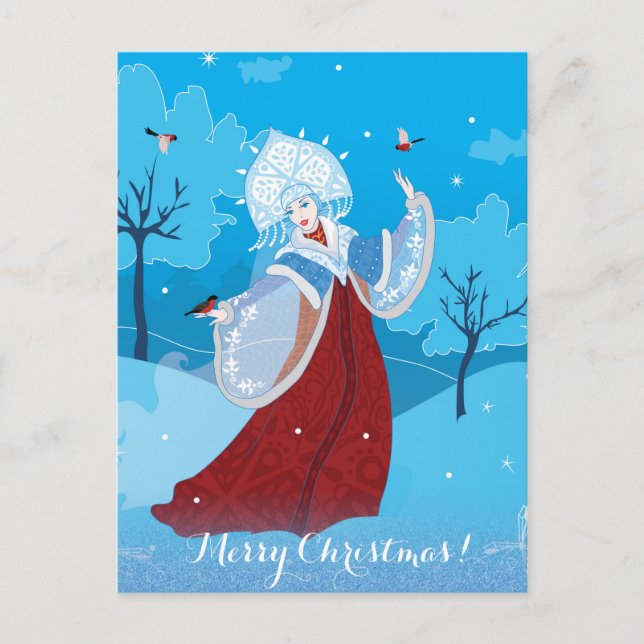 Cartão Postal De Festividades Ilustração do estilo russo de Snegurochka. Neve (Frente)