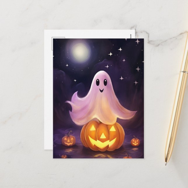 Cartão Postal De Festividades Ilustração do Halloween Ghost Jack-o'-lantern (Frente/Verso In Situ)