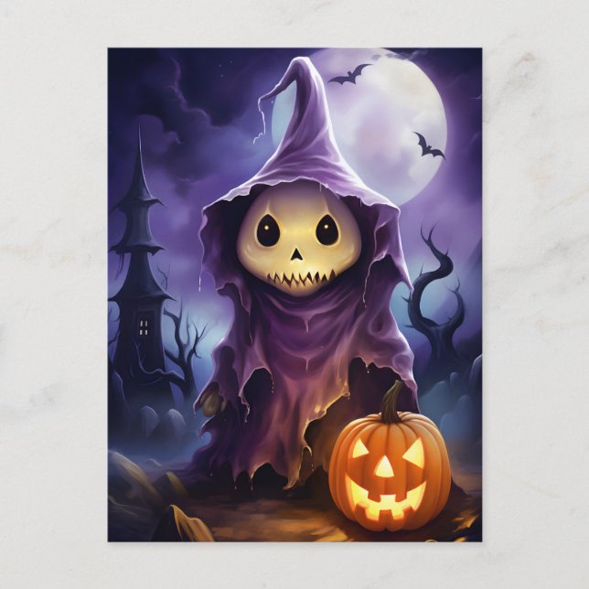 Cartão Postal De Festividades Ilustração do Halloween Ghost Jack-o'-lantern (Frente)
