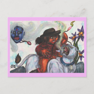 Cartão Postal De Festividades Ilustração em Aquarela Eros montando Leoa Branca