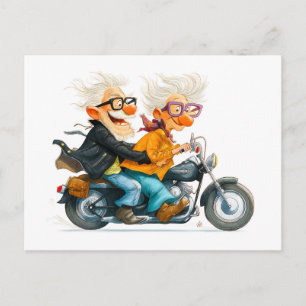 Cartão Postal De Festividades Ilustração engraçada de idosos andando de moto