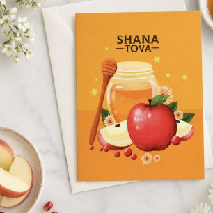 Cartão Postal De Festividades Ilustração Moderna de Shana Tova Maçãs e Mel