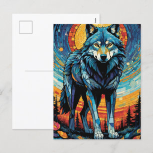 Cartão Postal De Festividades Ilustração Mosaica Colorida do Lobo Majestoso