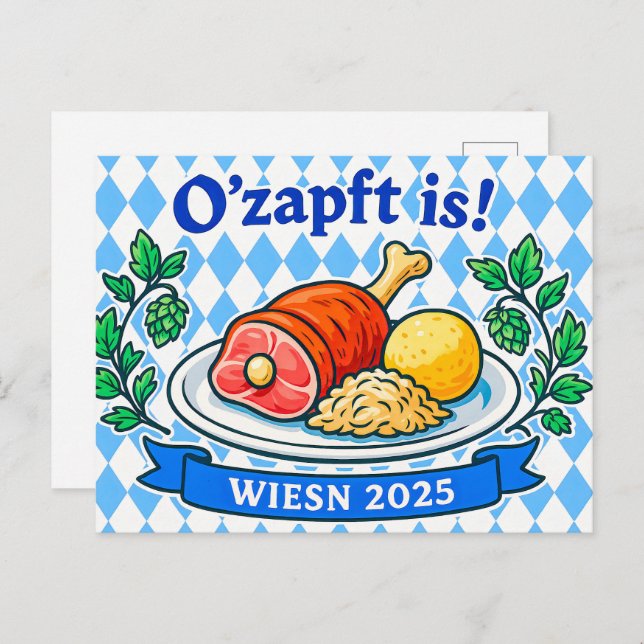 Cartão Postal De Festividades Ilustração Tradicional de Refeição Wiesn Oktoberfe (Frente/Verso)