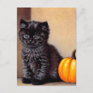 Cartão Postal De Festividades Ilustração Vintage Halloween Black Kitten