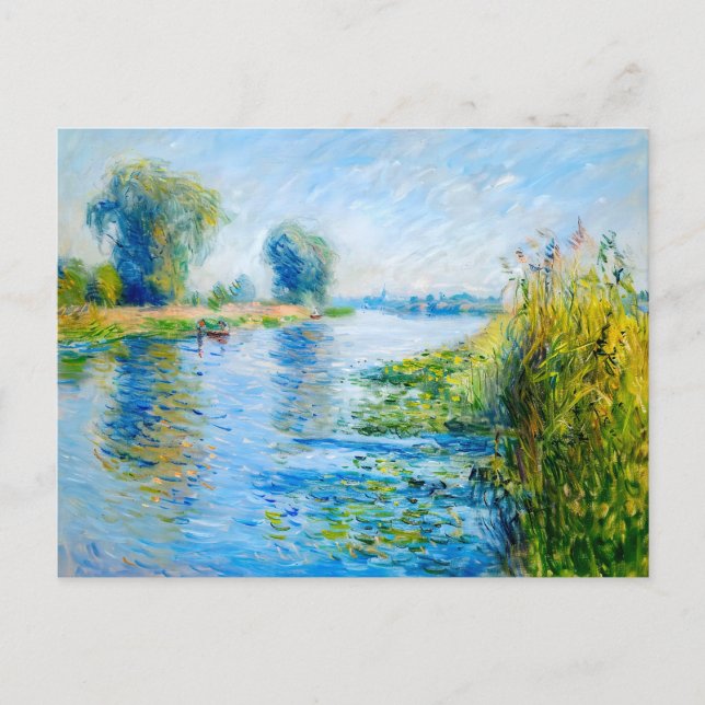 Cartão Postal De Festividades Impressionista Primavera Riverbank com barcos (Frente)