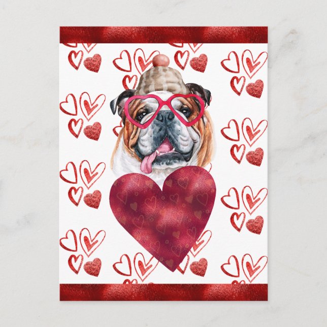 Cartão Postal De Festividades Inglês Bulldog Hearts Dog Lover Namorados Gift (Frente)