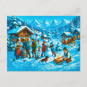 Cartão Postal De Festividades Inverno divertido na vila alpina