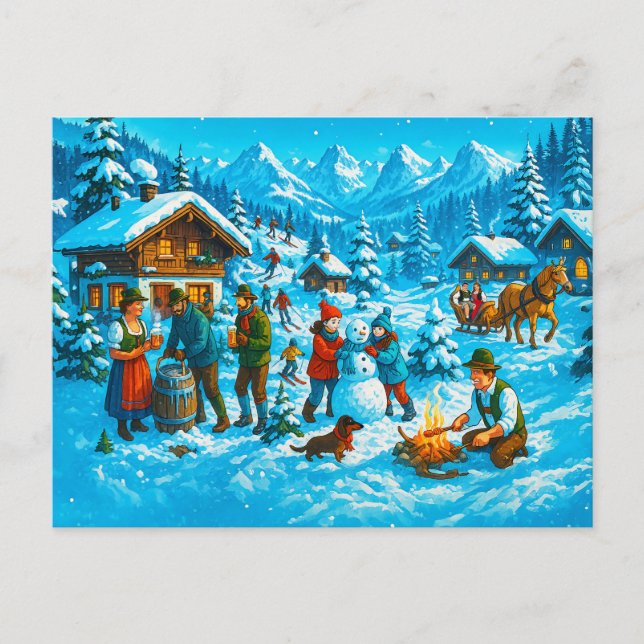 Cartão Postal De Festividades Inverno divertido na vila alpina (Frente)
