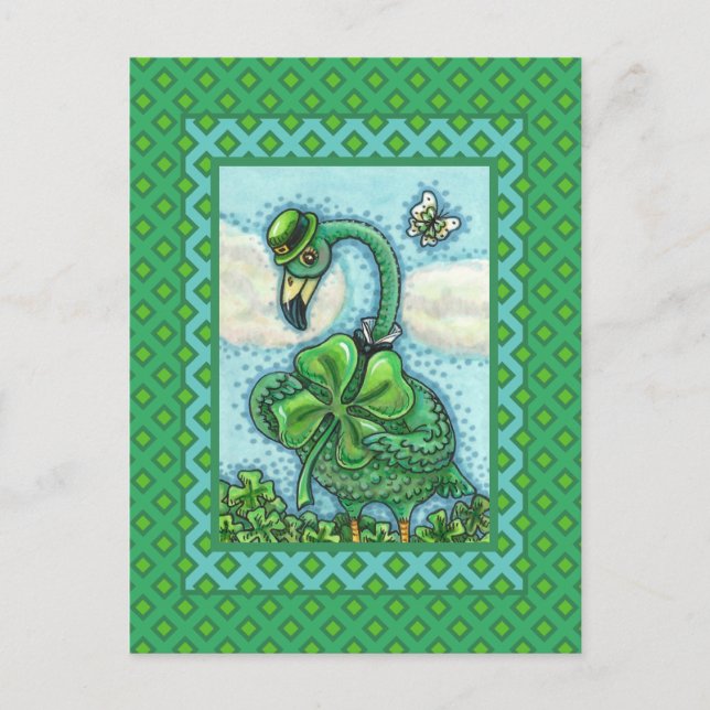 CARTÃO POSTAL DE FESTIVIDADES IRISH GREEN FLAMINGO, CUTE HAPPY ST. PATRICK'S DAY (Frente)