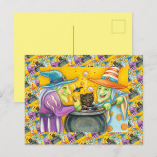 CARTÃO POSTAL DE FESTIVIDADES IRMÃS DE BRUXAS, GATO NEGRO E TRASEIRO