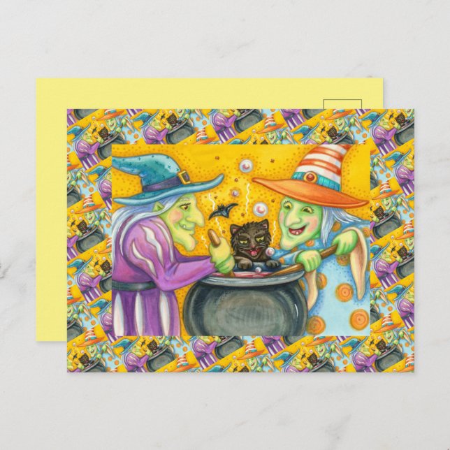 CARTÃO POSTAL DE FESTIVIDADES IRMÃS DE BRUXAS, GATO NEGRO E TRASEIRO (Frente/Verso)