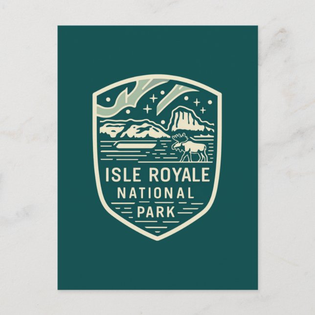 Cartão Postal De Festividades Isle Royale National Park Magical Night Emblem (Frente)