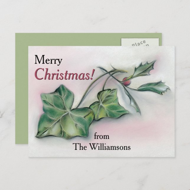 Cartão Postal De Festividades Ivy e Holly personalizaram o Natal (Frente/Verso)