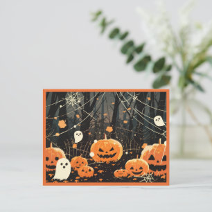 Cartão Postal De Festividades Jack O' Lanternas e Fantasmas na Floresta do Hallo