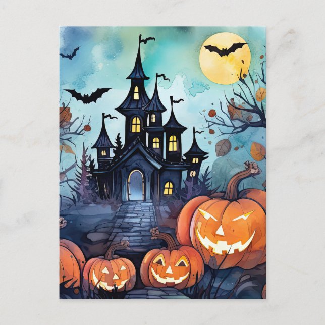Cartão Postal De Festividades Jack O’Lanterns Bats Assombrado Mansão Halloween (Frente)