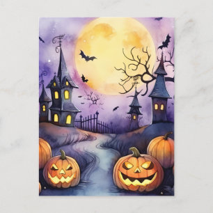 Cartão Postal De Festividades Jack O’Lanterns Bats Moon Cemitério Halloween Noit