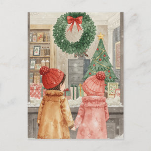 Cartão Postal De Festividades Janela Crianças Comprando Aquarela de Natal