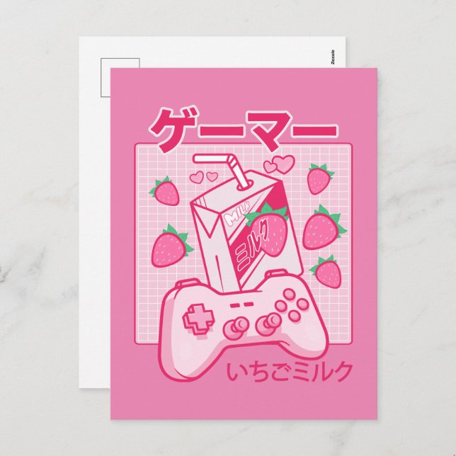 Cartão Postal De Festividades Japonês Kawaii Strawberry Milk Mostra Leite Engraç (Frente/Verso)