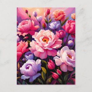 Cartão Postal De Festividades Jardim de flores cor-de-rosa ao nascer do sol na p