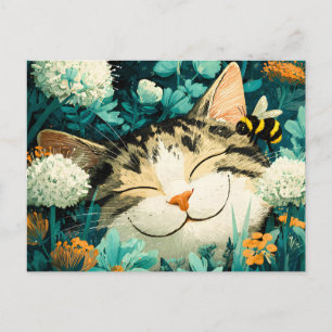 Cartão Postal De Festividades Jardim de Flores de Gato Adormecido com Abelha em 