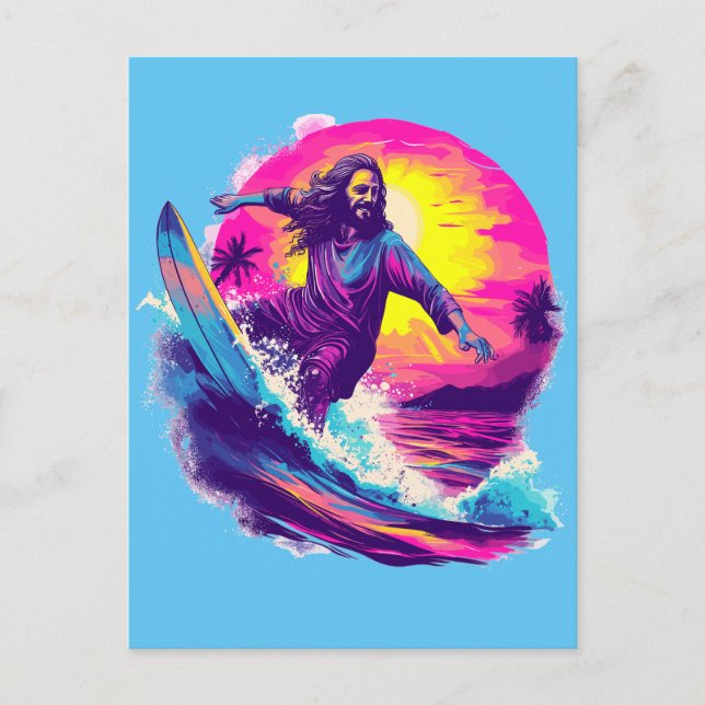 Cartão Postal De Festividades Jesus surfando com você através das ondas da vida (Frente)