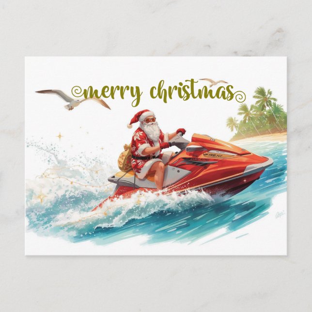 Cartão Postal De Festividades Jet Ski Christmas Holiday with Santa Claus (Frente)
