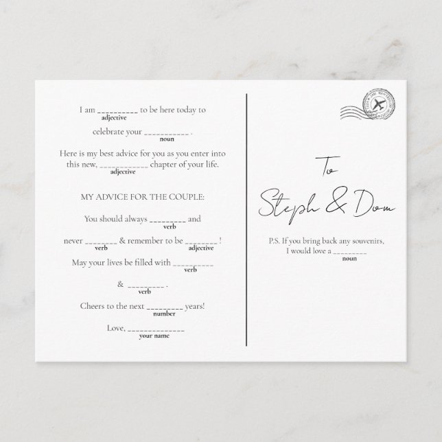 Cartão Postal De Festividades Jogo MadLib - Noivado, Festa de Adeus, (Frente)