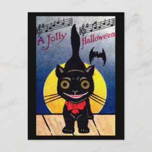 Cartão Postal De Festividades Jolly Halloween Cat and Bat