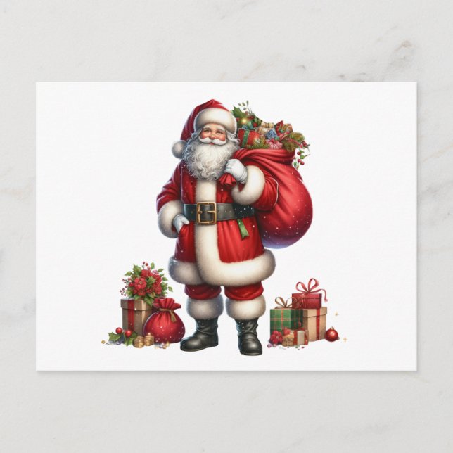 Cartão Postal De Festividades Jolly Santa Claus with gift sack (Frente)
