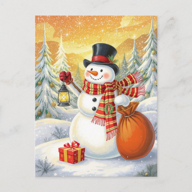 Cartão Postal De Festividades Jolly Snowman Lantern Gifts Snowy Forest (Frente)