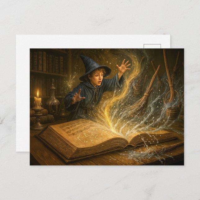 Cartão Postal De Festividades Jovem feiticeiro com ilustração de fantasia de liv (Frente/Verso)