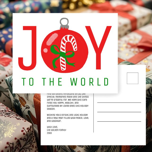 Cartão Postal De Festividades JOY Candycane Arco Xmas (JOY Cute Candycane Bow Christmas Ornament Xmas Non-Photo CUSTOM Holiday Postcard
)